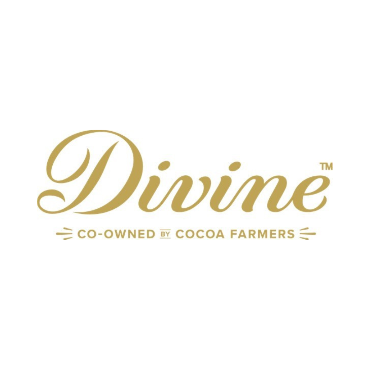 Divine Chocolate logo in golf font with tagline co-owned by cocoa farmers on a white background