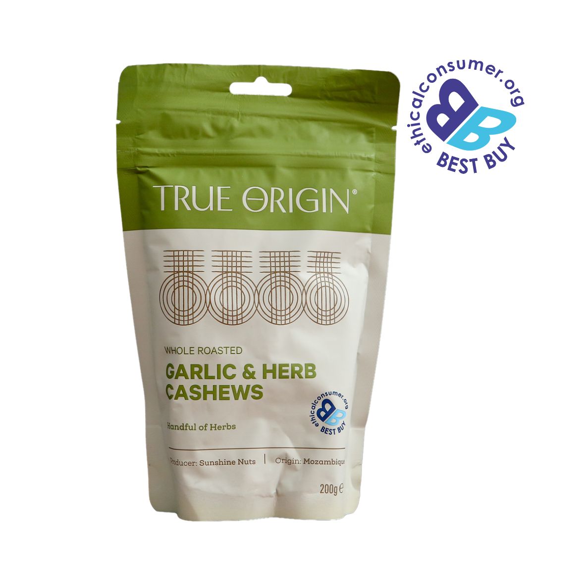 Packet of True Origin Garlic & Herb Cashews with a 'Best Buy' label on a white background from Mozambique.