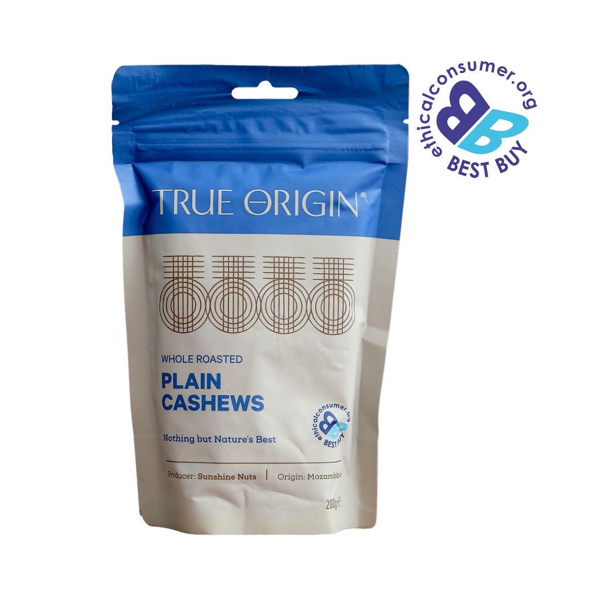Packet of True Origin Plain Cashews with a 'Best Buy' label on a white background from Mozambique.