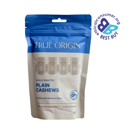 Packet of True Origin Plain Cashews with a 'Best Buy' label on a white background from Mozambique.