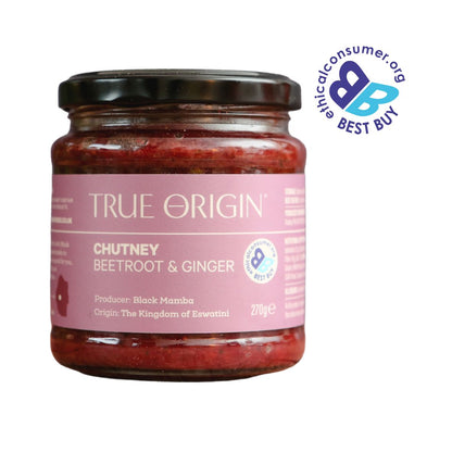 Jar of True Origin Chutney Beetroot & Ginger on a white background with Ethical Consumer 'Best Buy' label.