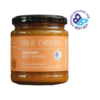 Jar of True Origin Spicy Mango Chutney with a 'Best Buy' label on a white background from The Kingdom of Eswatini.