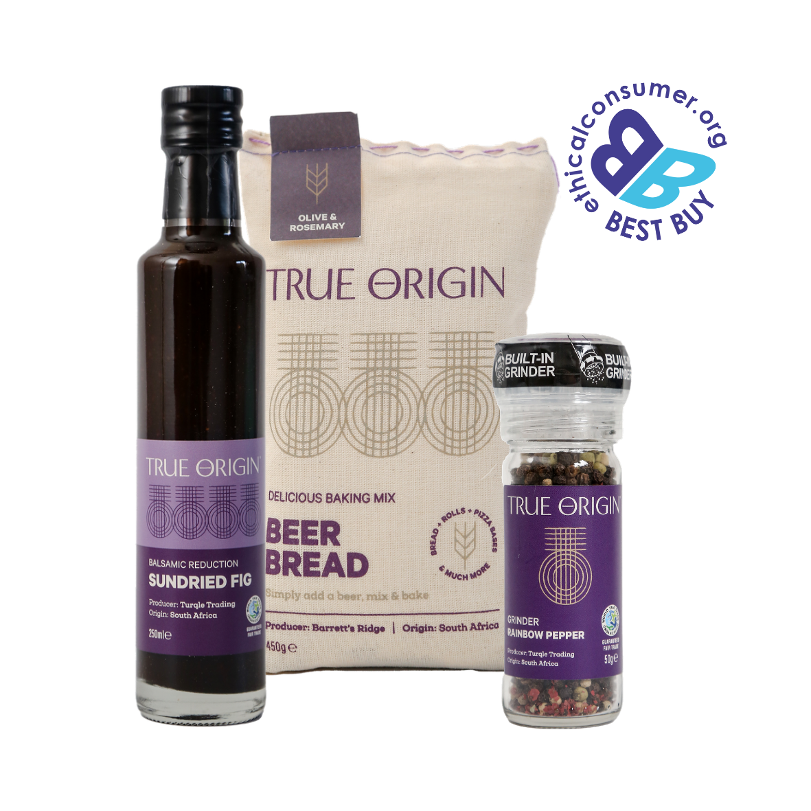 True Origin selection of products including a sundried fig balsamic reduction, an olive & rosemary beer bread and a rainbow pepper grinder on a white background.