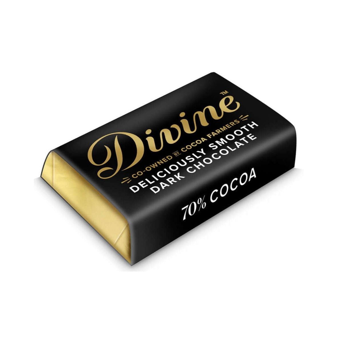 Divine dark chocolate mini bar packaging with gold and black design on a white background