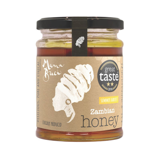 Jar of Mama Buci Summer Harvest Honey with 2018, 2 Star, Great Taste logo on a white background.