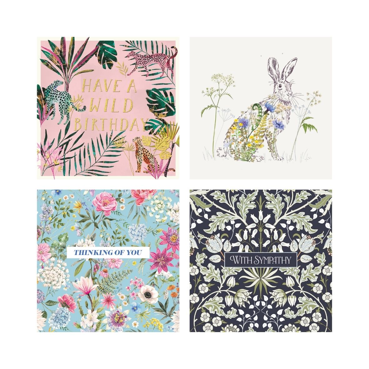 Collection of four greeting cards with different designs on a white background
