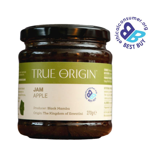 Jar of True Origin natural apple jam from The Kingdom of Eswatini with a green label on a white background and Best Buy logo.