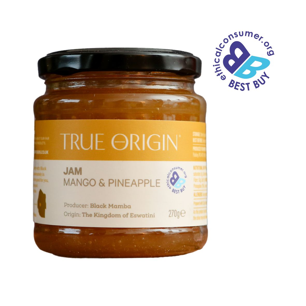 Jar of True Origin natural mango and pineapple jam from The Kingdom of Eswatini with an orange label on a white background and Best Buy logo.
