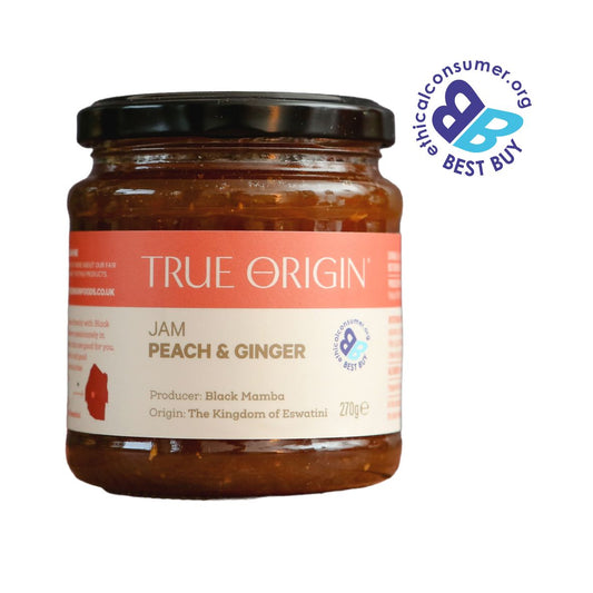 Jar of True Origin natural peach and ginger jam from The Kingdom of Eswatini with a pink label on a white background and Best Buy logo.