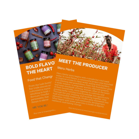 Producer leaflet (Meru Herbs) with product packaging imagery, people behind the products and text.