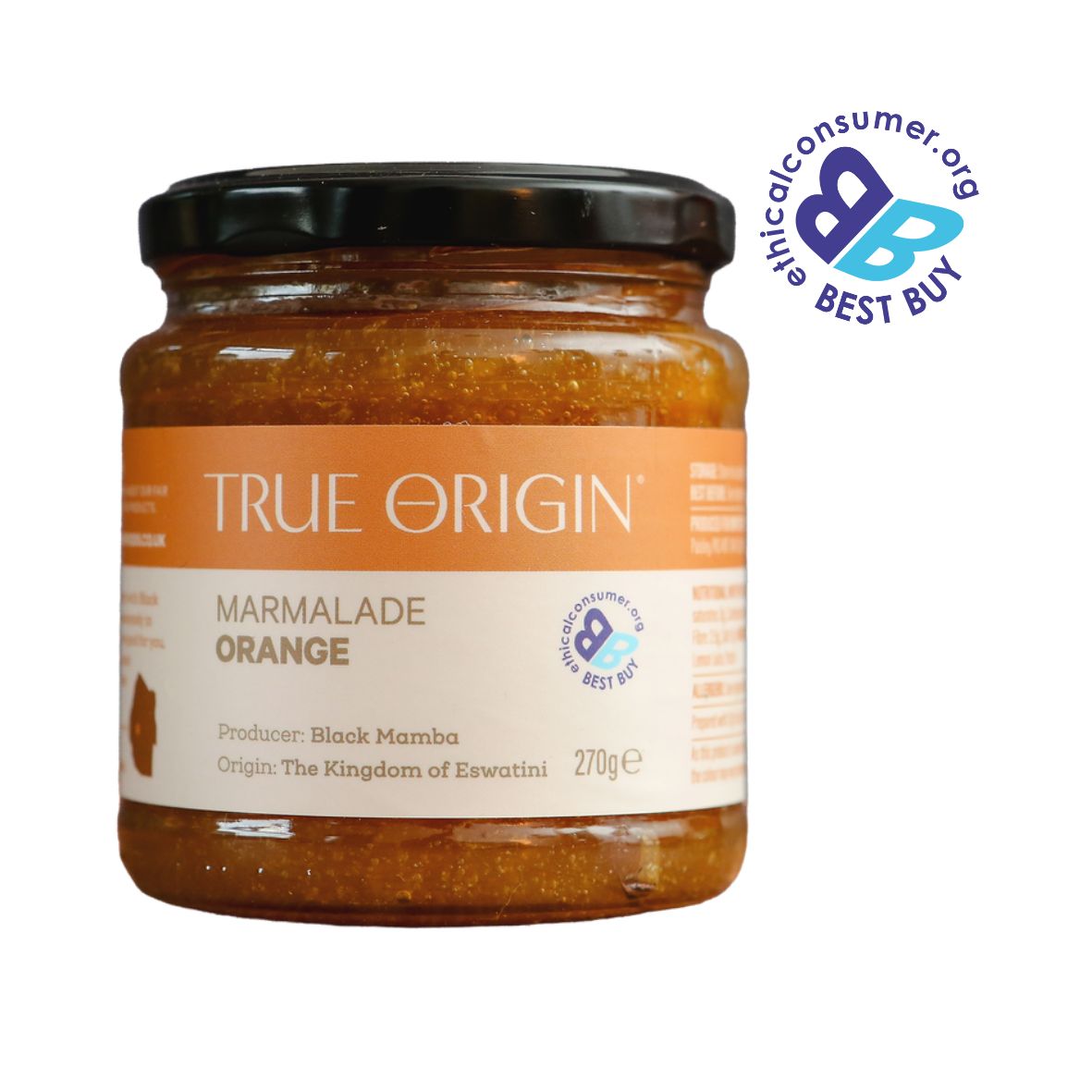 Jar of True Origin natural orange marmalade from The Kingdom of Eswatini with an orange label on a white background and Best Buy logo.