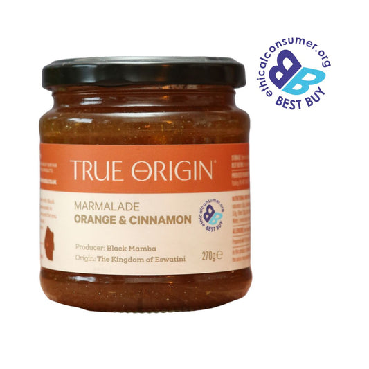 Jar of True Origin Orange & Cinnamon Marmalade with a visible Ethical Consumer 'Best Buy' logo.