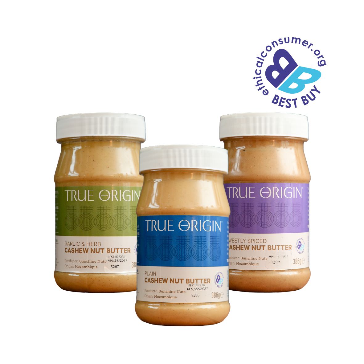 Three jars of True Origin cashew nut butter on a white background with 'best buy' logo.
