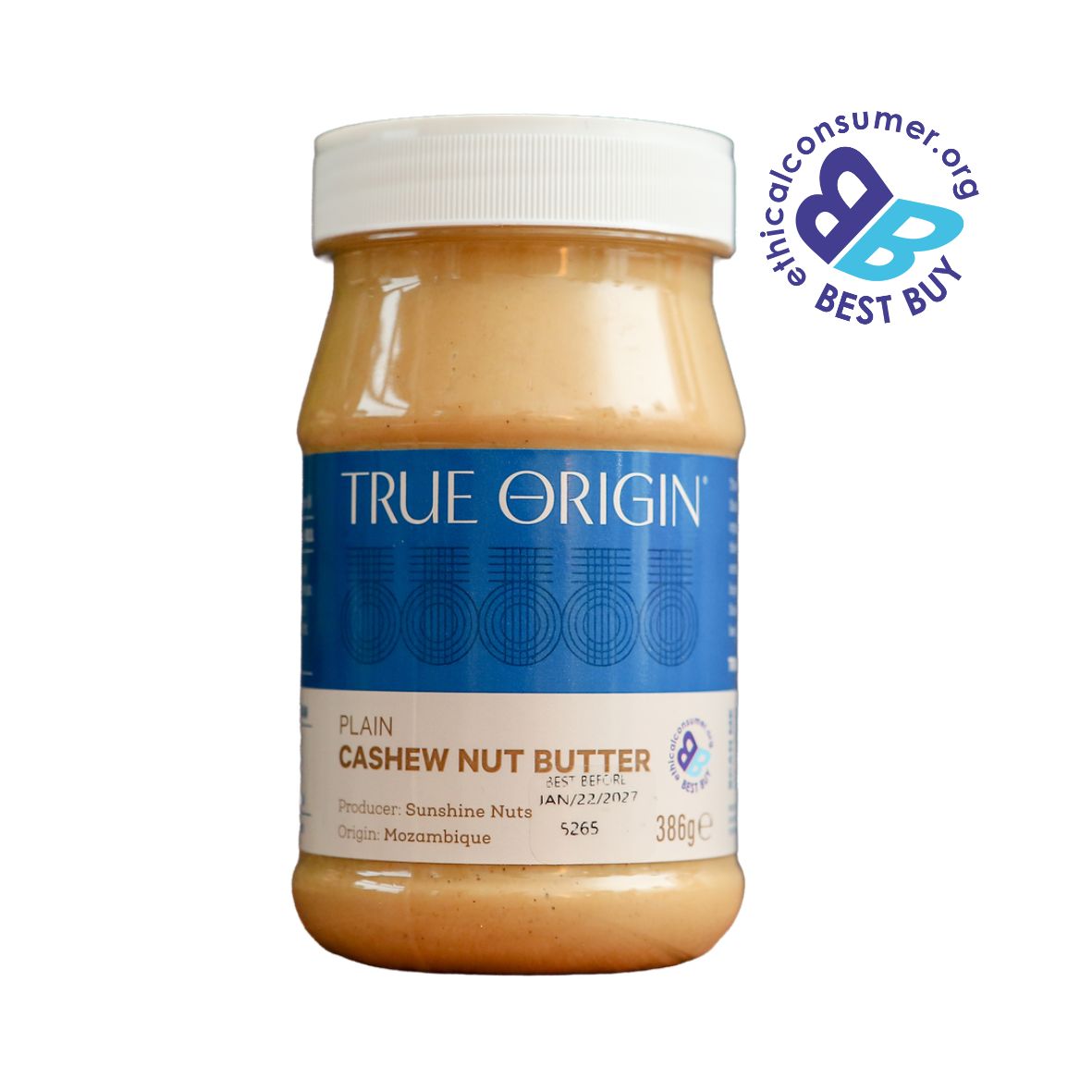 Jar of True Origin plain cashew nut butter with a 'Best Buy' label on a white background from Mozambique.