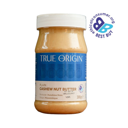 Jar of True Origin plain cashew nut butter with a 'Best Buy' label on a white background from Mozambique.