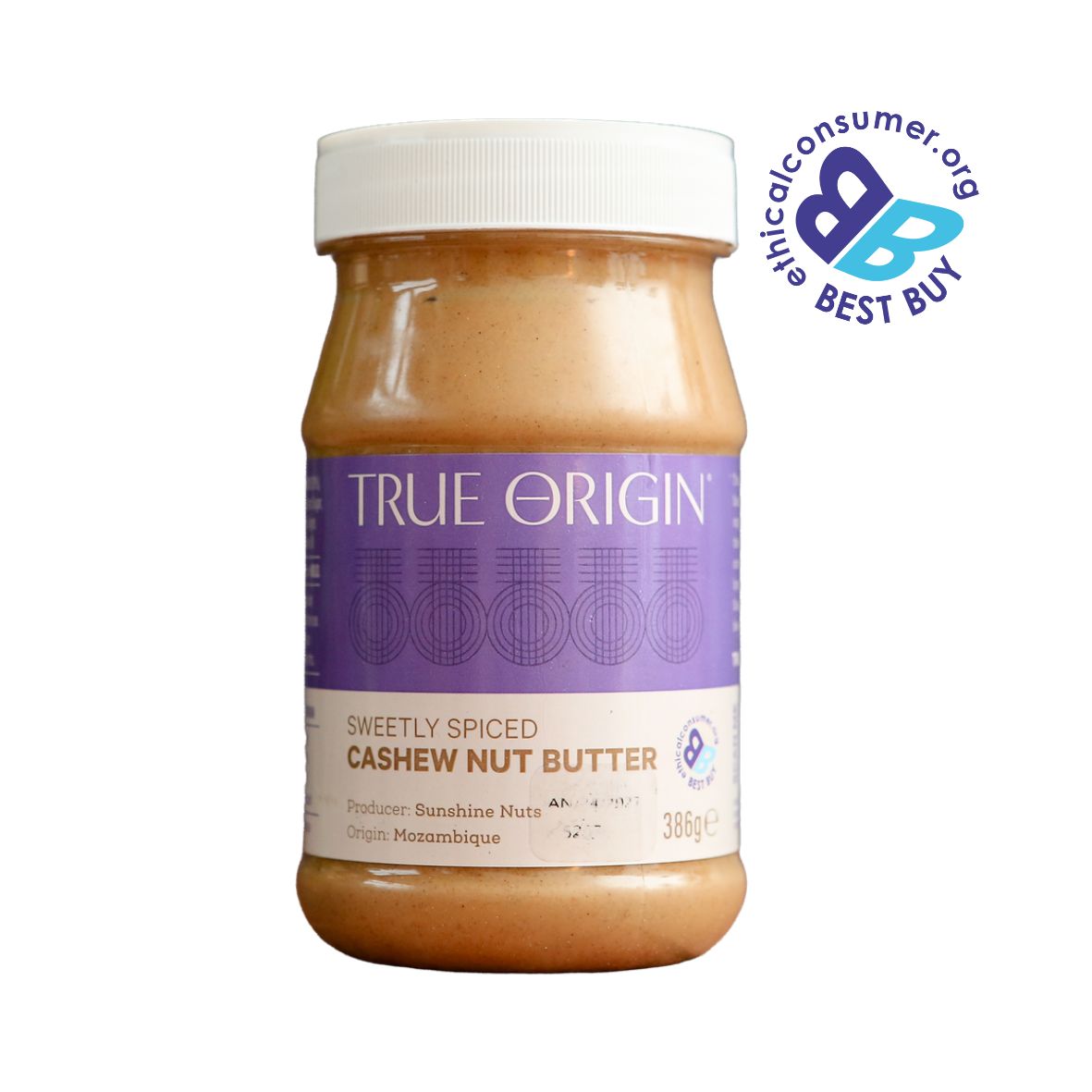 Jar of True Origin sweetly spiced cashew nut butter with a 'Best Buy' label on a white background from Mozambique.