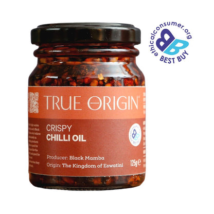 Jar of True Origin Crispy Chilli Oil with a visible 'Best Buy' label on a white background