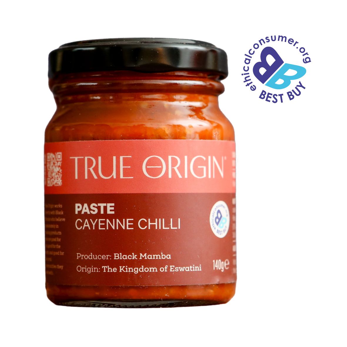 Jar of True Origin Cayenne Chilli Paste with a 'Best Buy' label on a white background from The Kingdom of Eswatini.