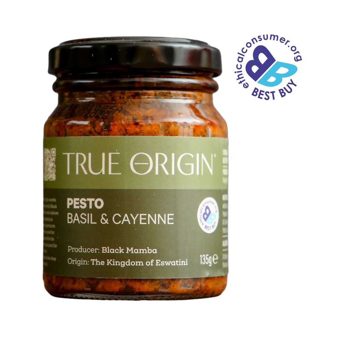 Jar of True Origin basil & cayenne pesto and 'Best Buy' logo on a white background.