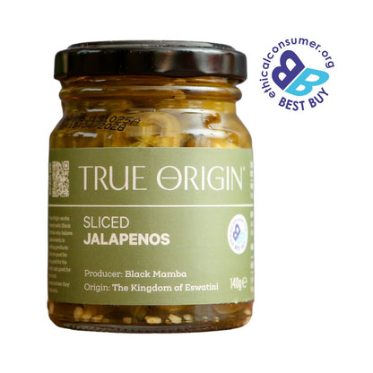 Jar of True Origin Sliced Jalapenos with a 'Best Buy' label on a white background from The Kingdom of Eswatini.