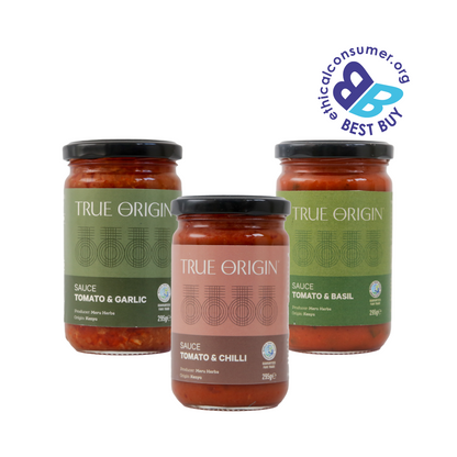 Three jars of True Origin Tomato Sauces on a white background with a Best Buy logo.
